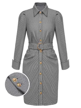 1960s Houndstooth Glitter Lapel Smocked Dress