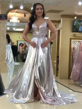 2 Pieces Silver Shiny Chiffon Long Prom Dresses, Chic Long Prom Dresses, 2020 Prom Dresses