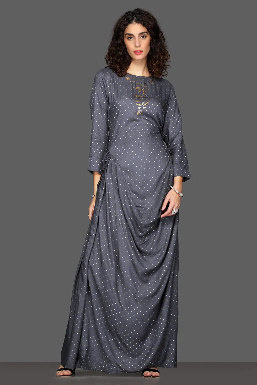 50Z091-RO Dark Grey Draped Maxi Dress