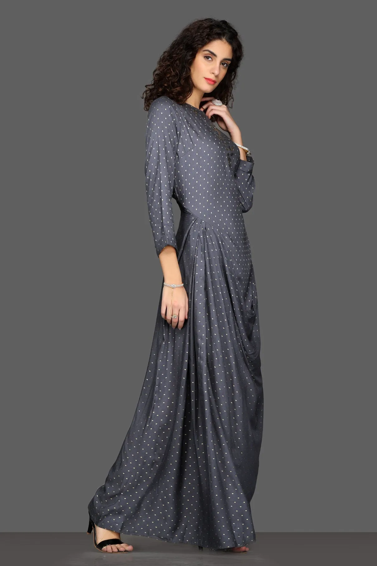 50Z091-RO Dark Grey Draped Maxi Dress