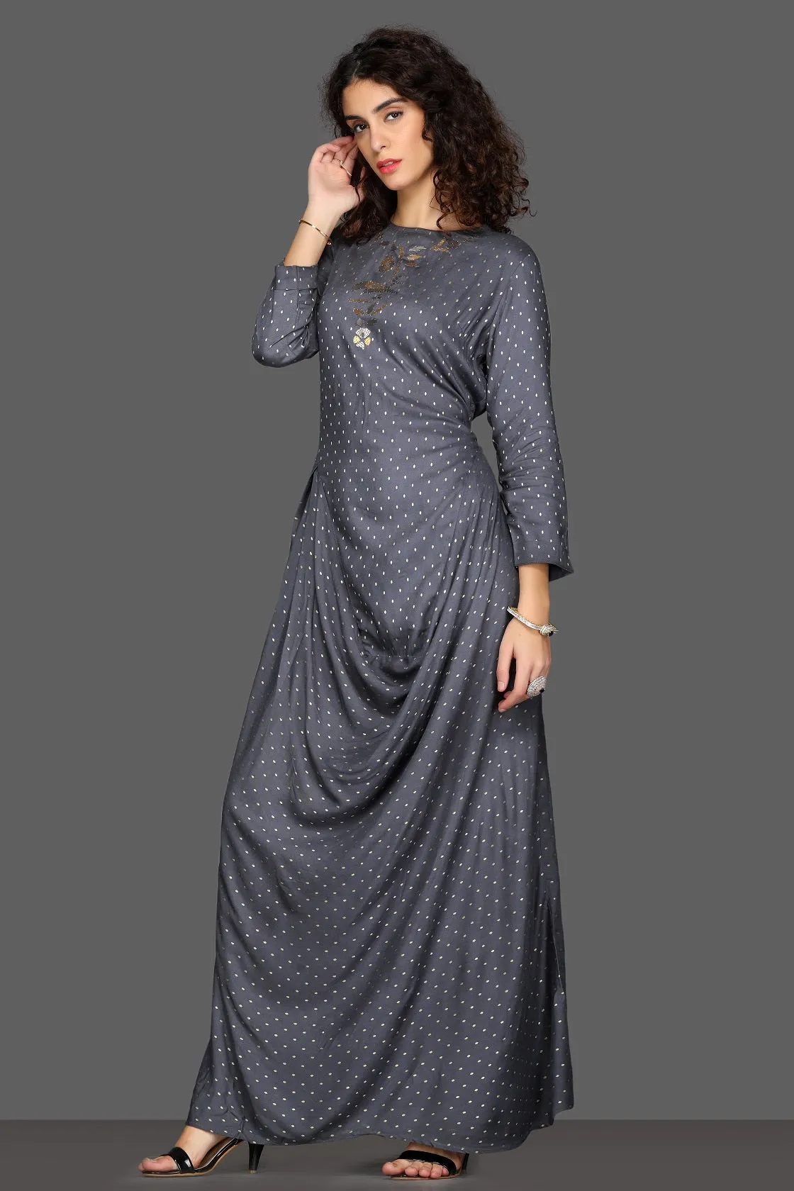 50Z091-RO Dark Grey Draped Maxi Dress