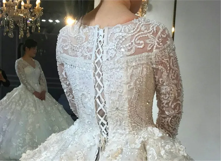 74232-1 Long Sleeve Pearl Lace Applique Haute Couture Ball Gown Wedding Dress Vestido de novia