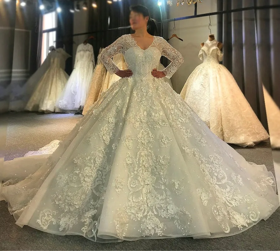 74232-1 Long Sleeve Pearl Lace Applique Haute Couture Ball Gown Wedding Dress Vestido de novia