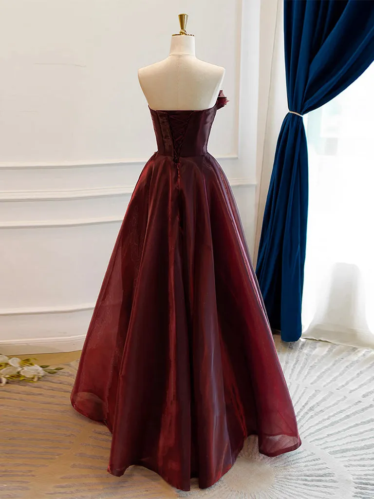 A-Line Burgundy Organza Burgundy Long Prom Dress, Burgundy Long Evening Dress