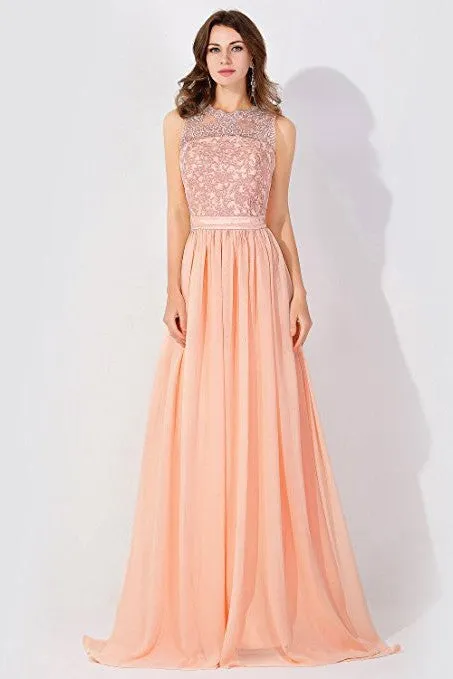 A-Line Chiffon Lace Jewel Sleeveless Long Bridesmaid Dress with Ruffles