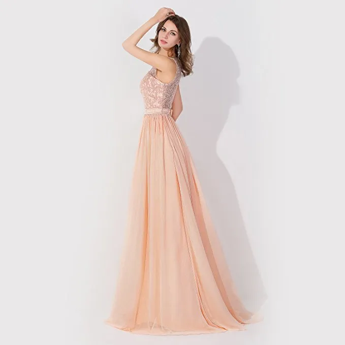 A-Line Chiffon Lace Jewel Sleeveless Long Bridesmaid Dress with Ruffles