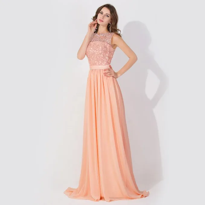 A-Line Chiffon Lace Jewel Sleeveless Long Bridesmaid Dress with Ruffles