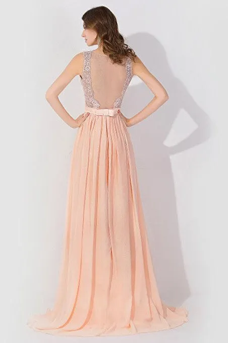 A-Line Chiffon Lace Jewel Sleeveless Long Bridesmaid Dress with Ruffles