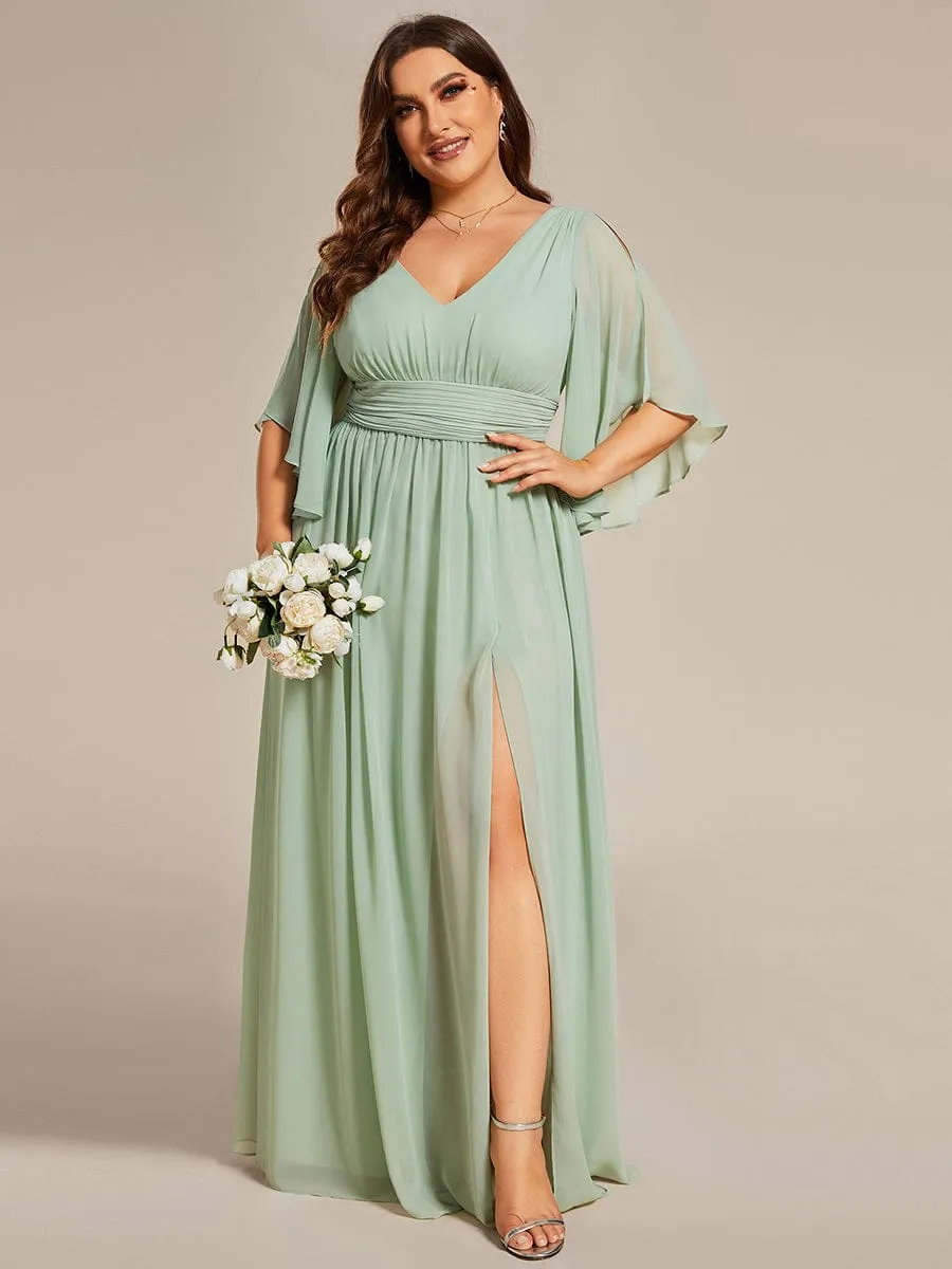 A-Line Chiffon V-Neck Bridesmaid Dress with Half Sleeves for Plus Size