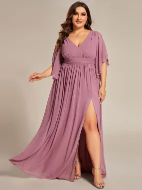 A-Line Chiffon V-Neck Bridesmaid Dress with Half Sleeves for Plus Size