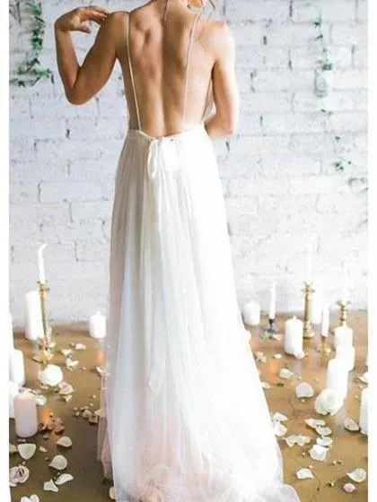 A-line Deep-V Sweep Train Chiffon Simple Wedding Dresses ASD26738