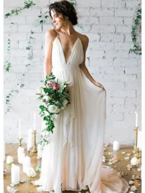 A-line Deep-V Sweep Train Chiffon Simple Wedding Dresses ASD26738