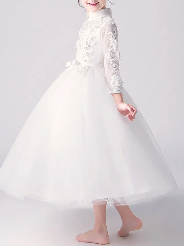 A-Line High Neck Tulle First Communion Flower Girl Dresses with Sleeves