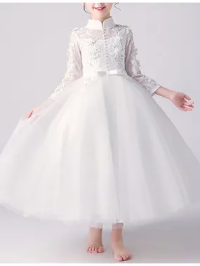 A-Line High Neck Tulle First Communion Flower Girl Dresses with Sleeves