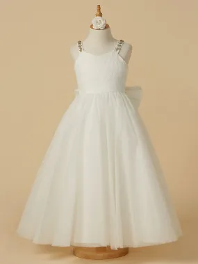 A-Line Lace Tulle Backless Wedding First Communion Flower Girl Dresses