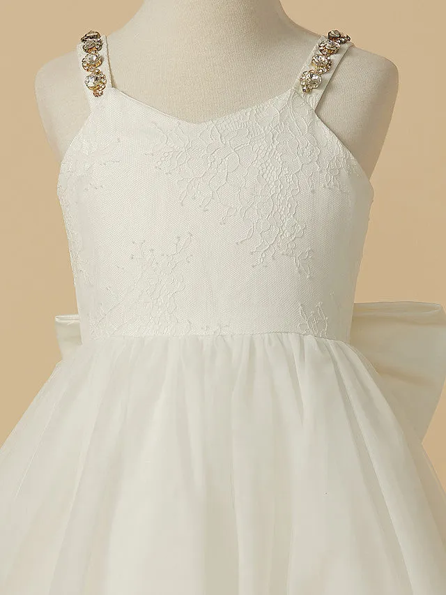 A-Line Lace Tulle Backless Wedding First Communion Flower Girl Dresses