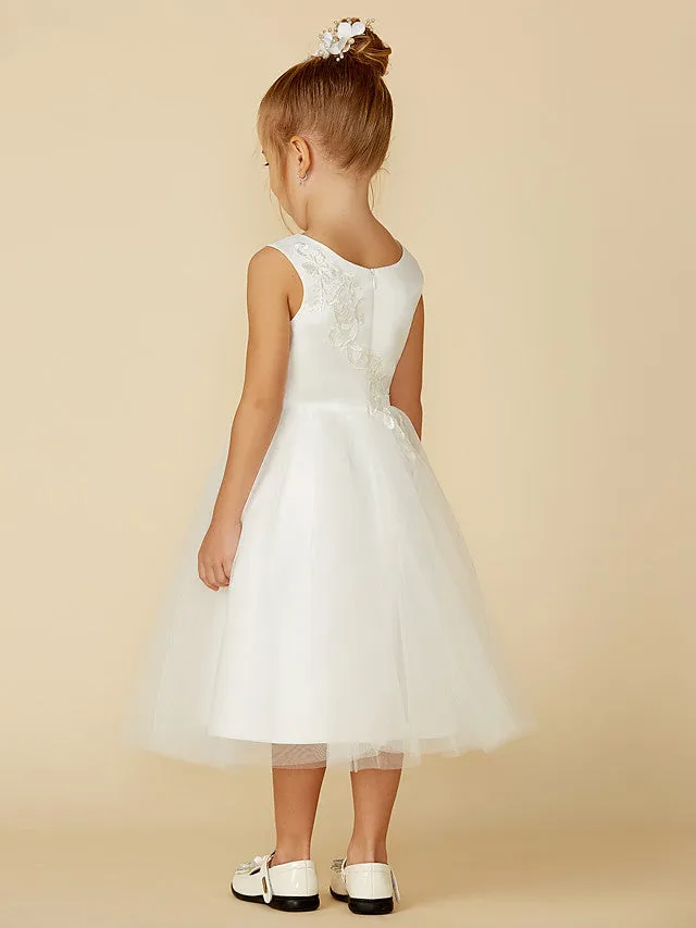 A-Line Lace Tulle Sleeveless Jewel Neck Wedding First Communion Flower Girl Dresses