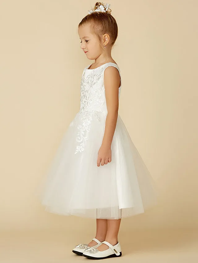 A-Line Lace Tulle Sleeveless Jewel Neck Wedding First Communion Flower Girl Dresses