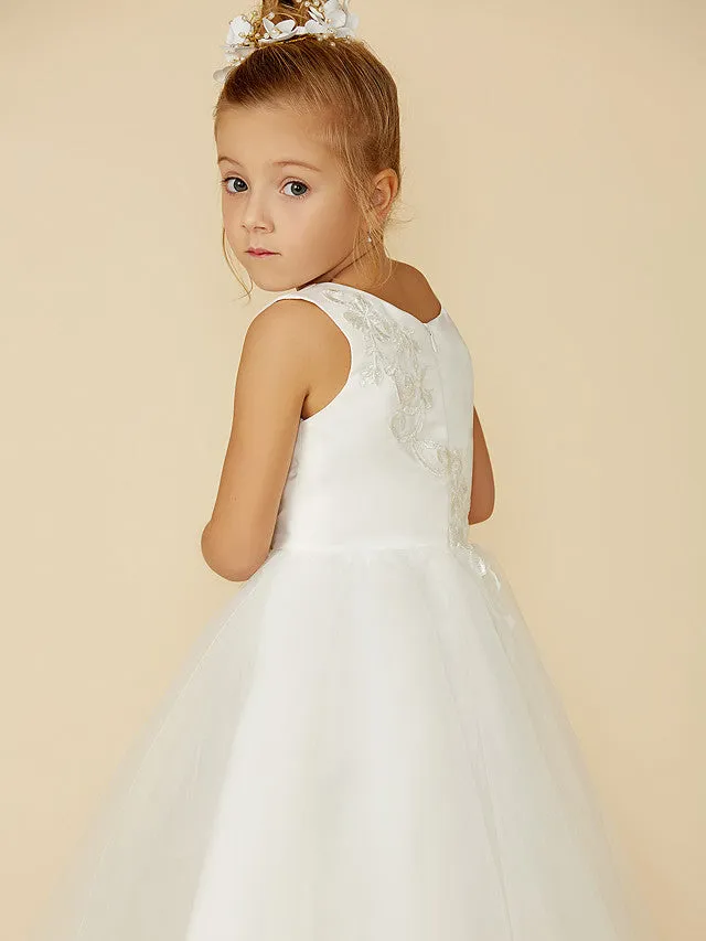 A-Line Lace Tulle Sleeveless Jewel Neck Wedding First Communion Flower Girl Dresses