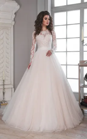 A-Line Maxi Scoop Long-Sleeve Illusion Tulle Lace Dress With Bow-714507