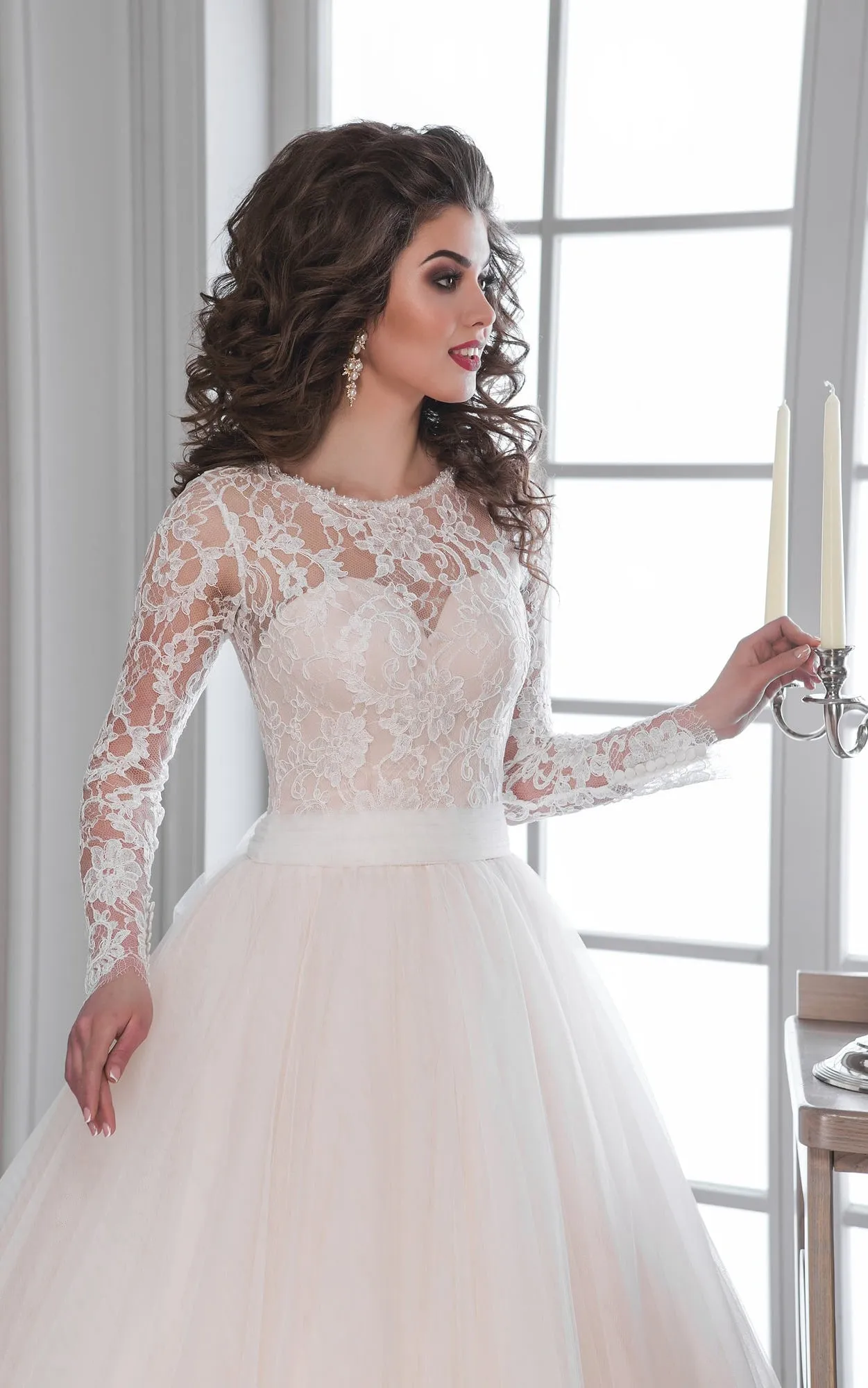 A-Line Maxi Scoop Long-Sleeve Illusion Tulle Lace Dress With Bow-714507