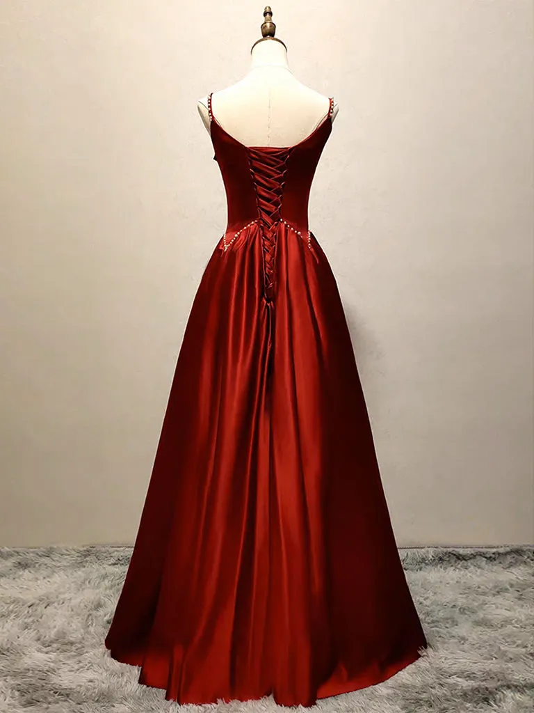 A-Line Satin Burgundy Long Prom Dress, Burgundy Long Formal Dress