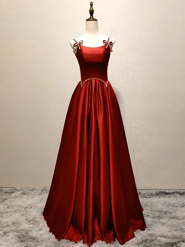 A-Line Satin Burgundy Long Prom Dress, Burgundy Long Formal Dress