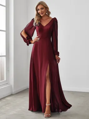 A-Line V-Neck Bridesmaid Dress with Long Lantern Sleeves