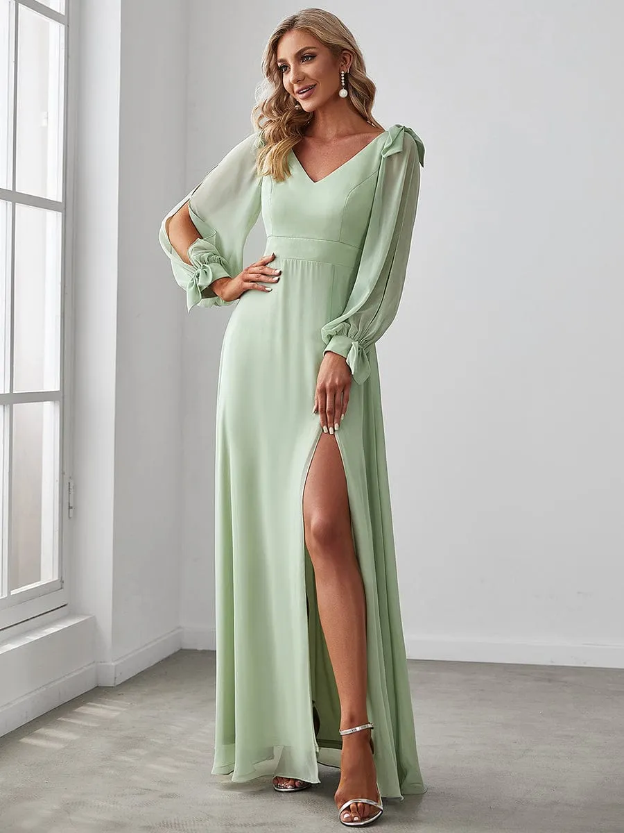 A-Line V-Neck Bridesmaid Dress with Long Lantern Sleeves