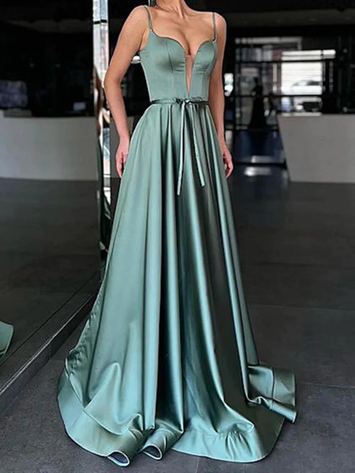 A Line V Neck Green Satin Long Prom Dresses, V Neck Green Formal Graduation Evening Dresses SP2483