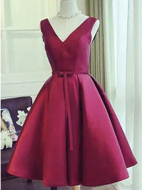 A Line V Neck Short Burgundy Prom Dresses, Short V Neck Wine Red Graduation Homecoming Dresses