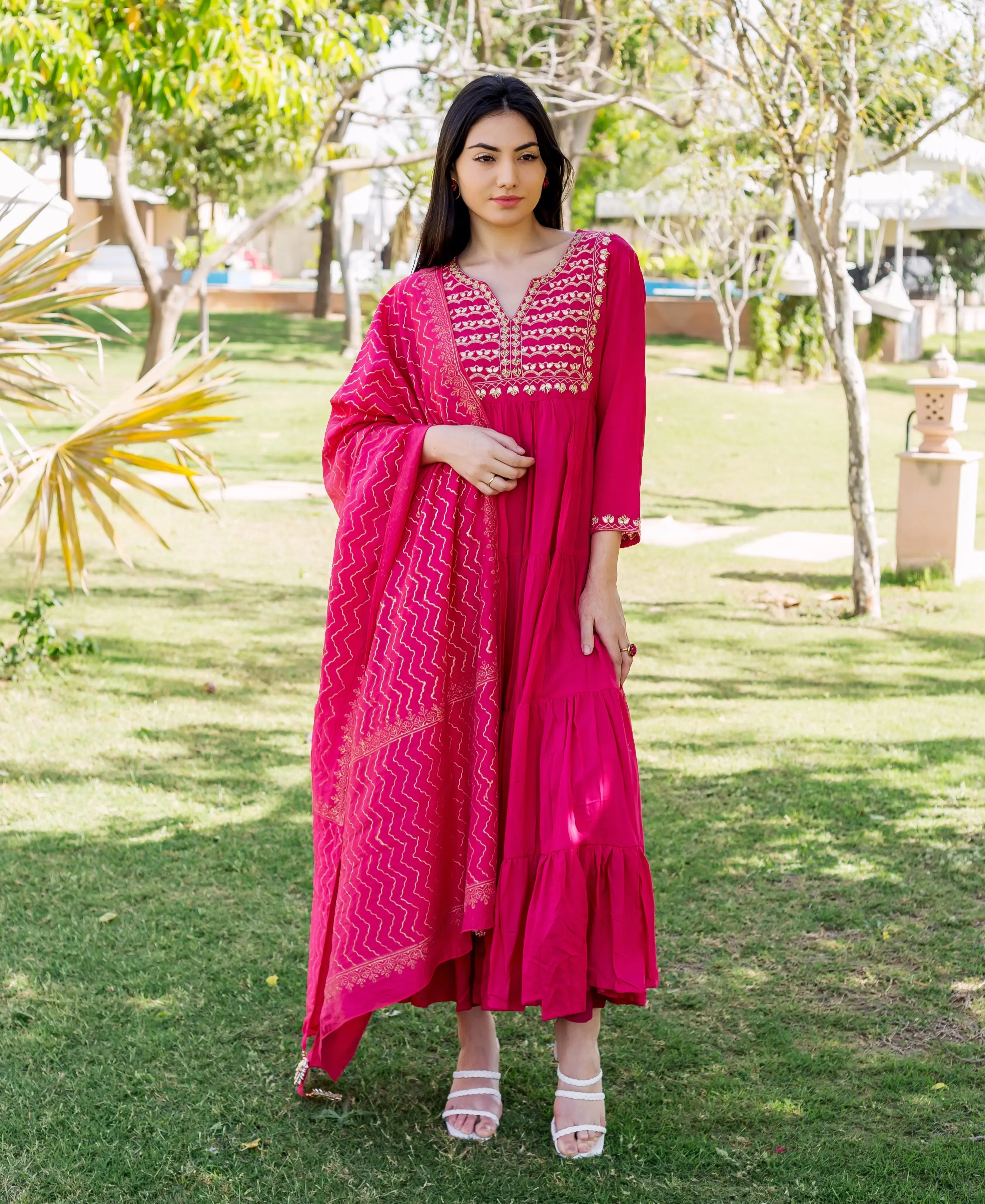 Aaditri Raspberry Red Embroidered and Tiered Dress