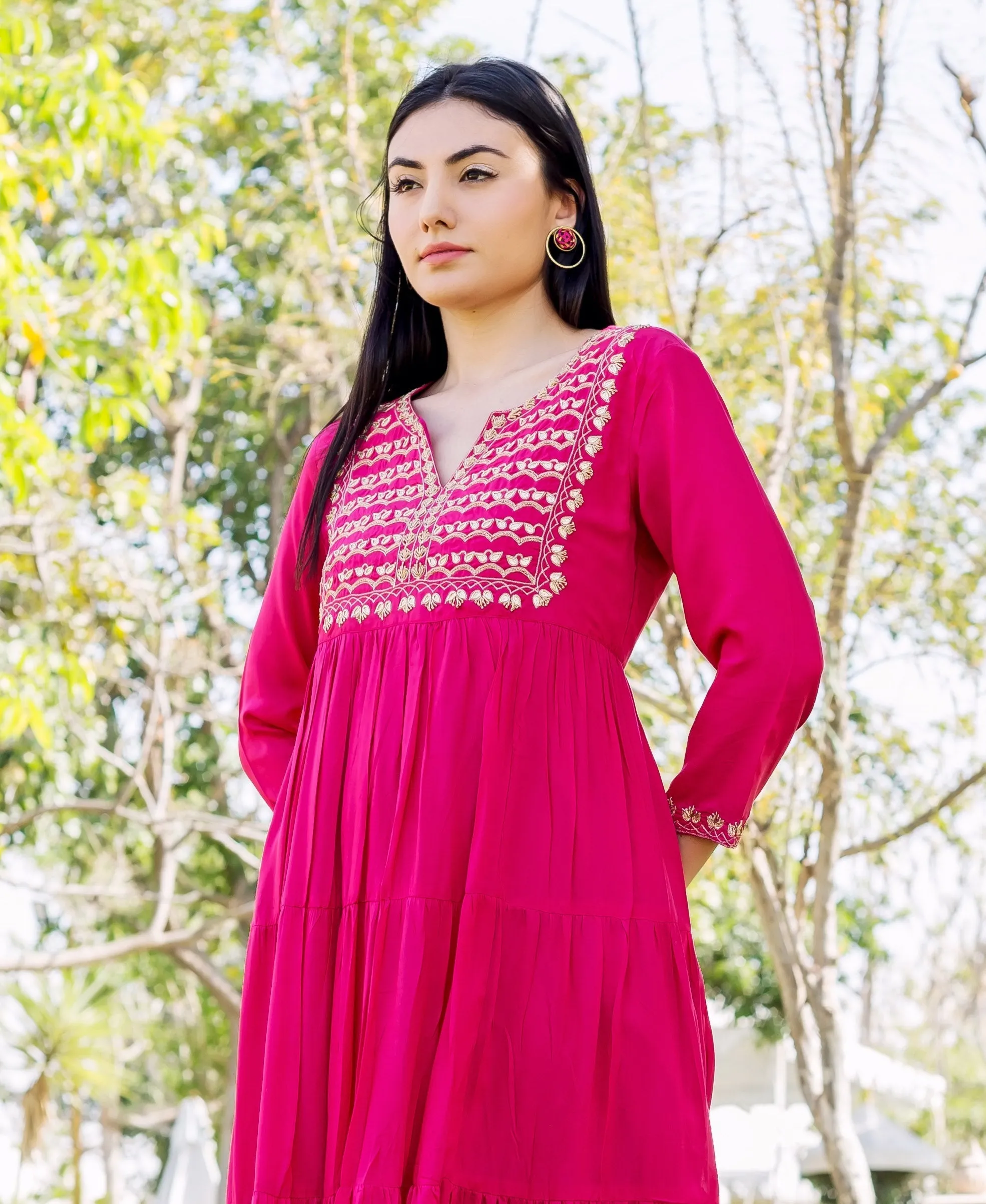 Aaditri Raspberry Red Embroidered and Tiered Dress