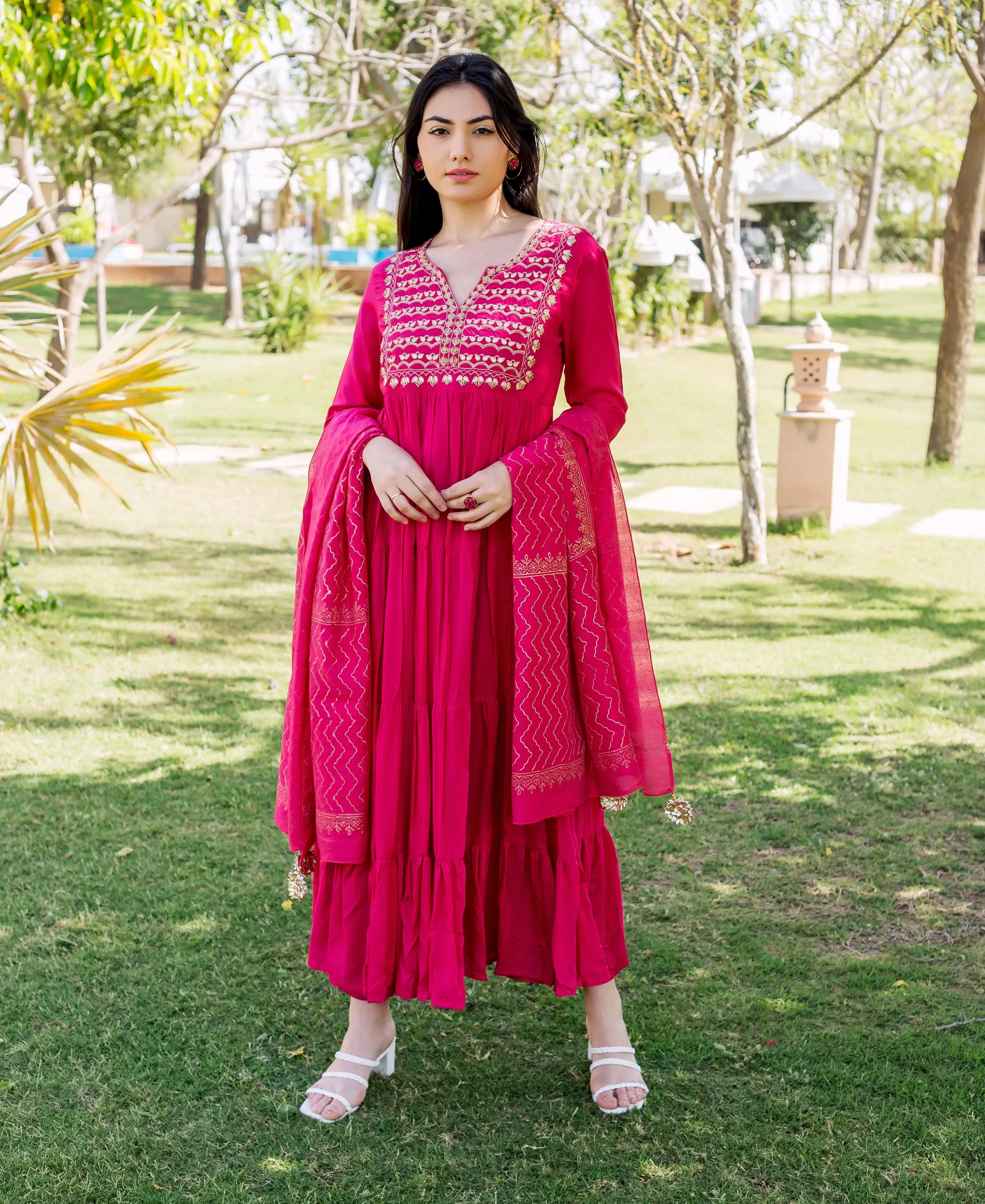 Aaditri Raspberry Red Embroidered and Tiered Dress