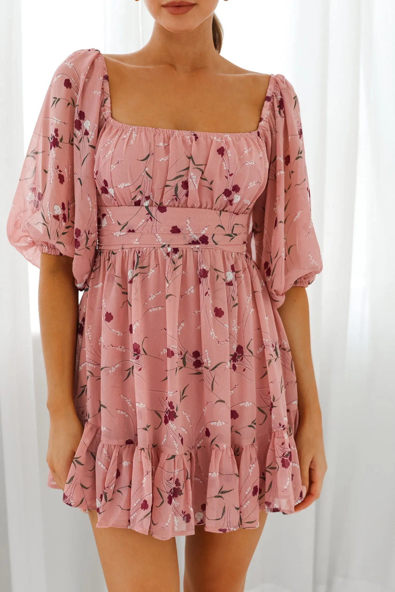 Abby Off-Shoulder Tie-Up Back Dress Floral Print Rose