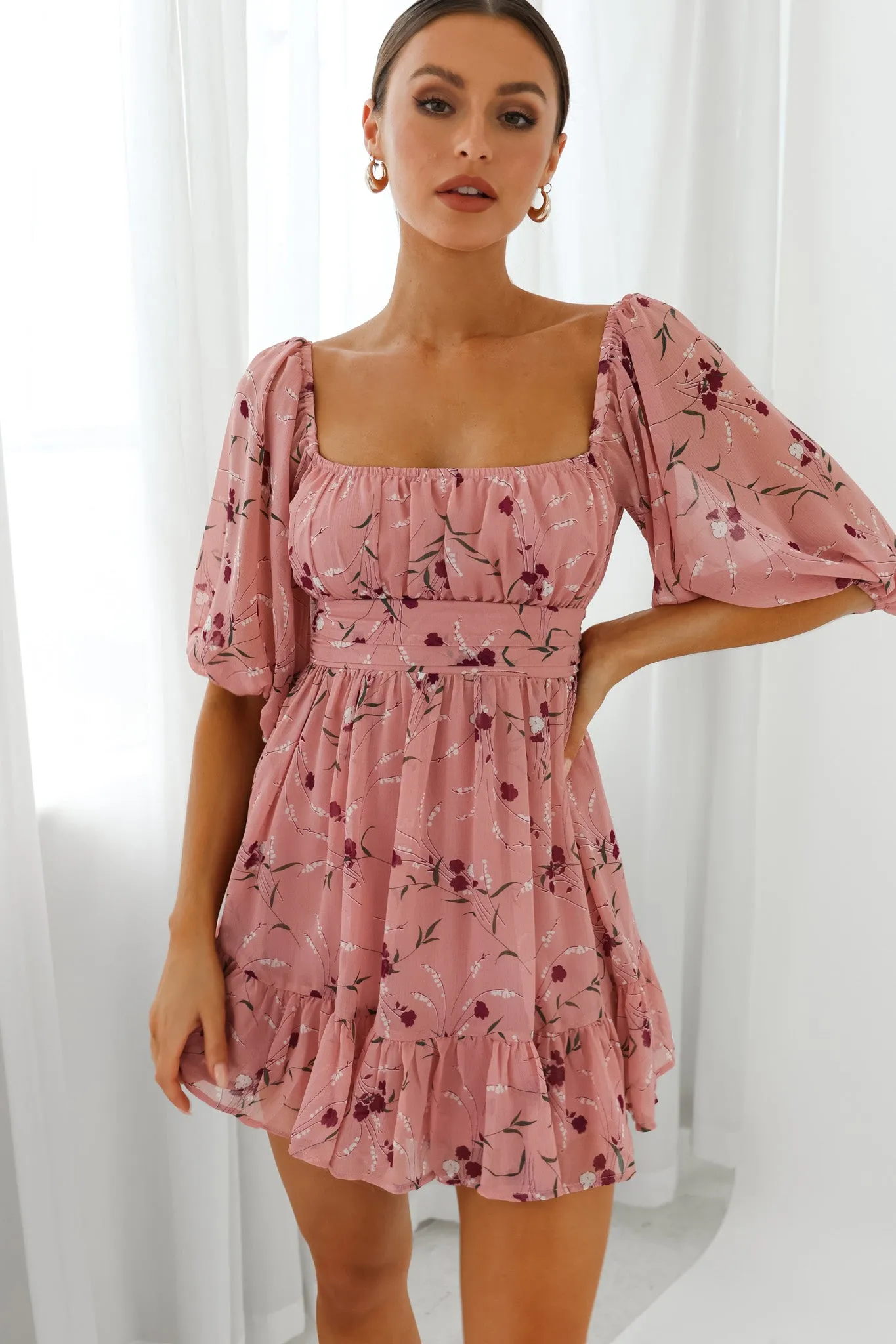 Abby Off-Shoulder Tie-Up Back Dress Floral Print Rose