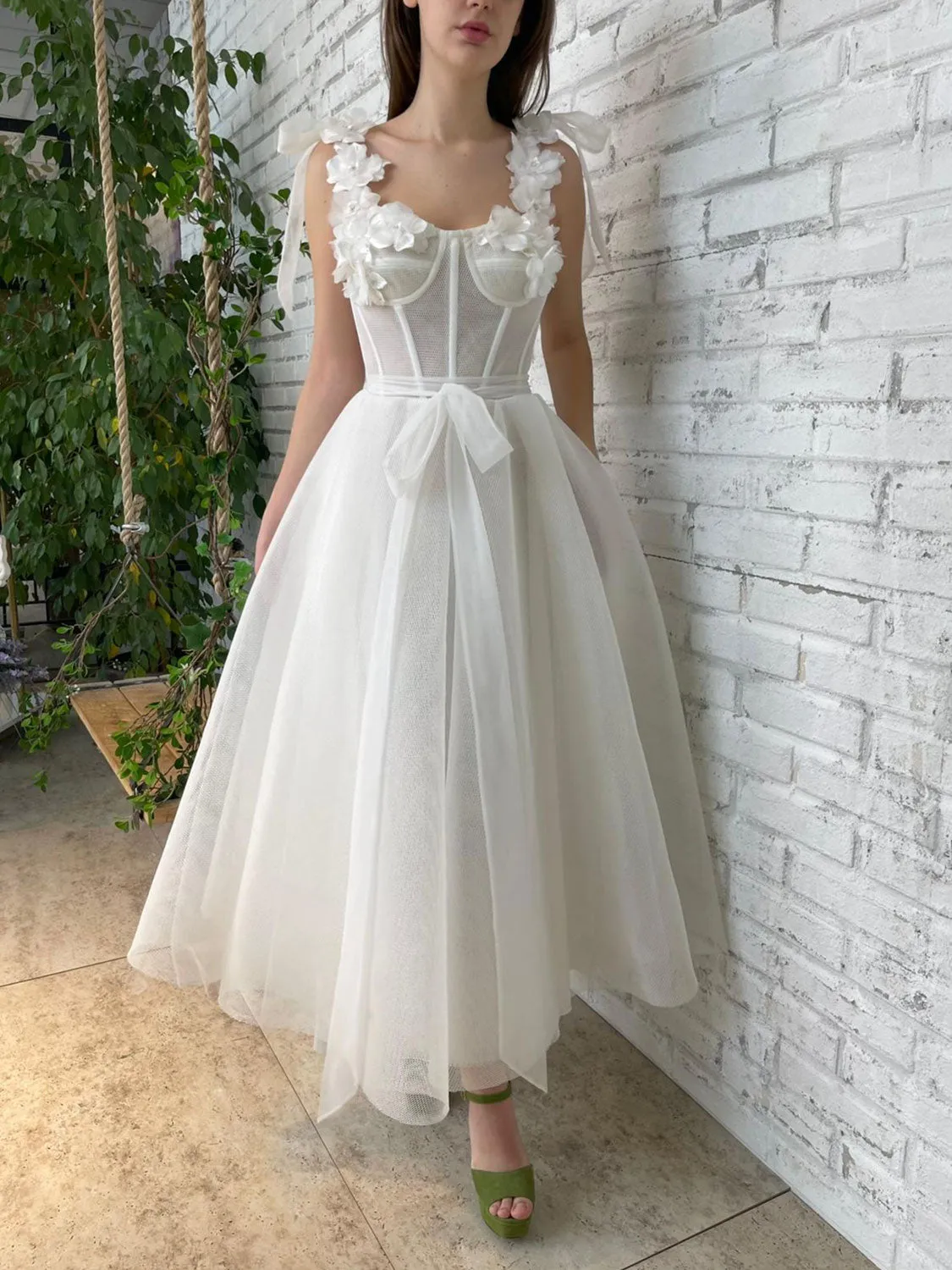 Aline tea length ivory prom dress, tea length formal ivory cocktail dress