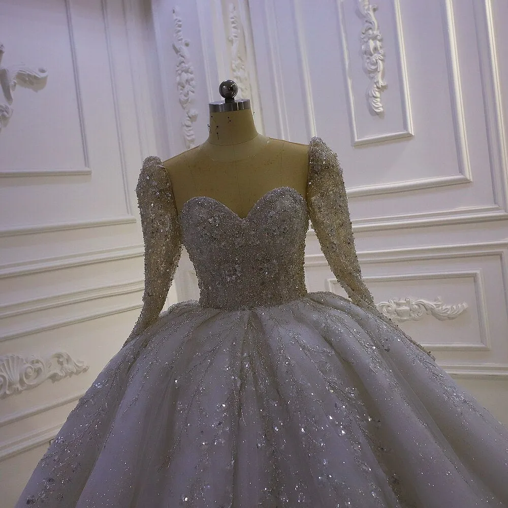 AM1294 Long Sleeve Sequin Lace Sweetheart Ball Gown Wedding Dress