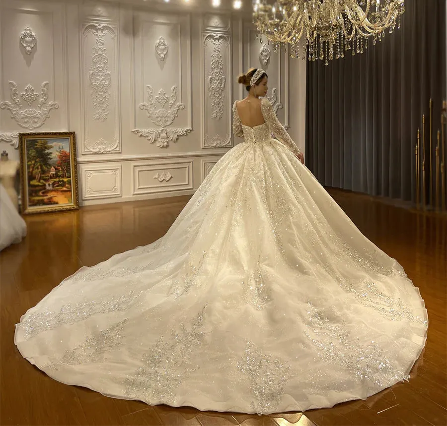 AM1294 Long Sleeve Sequin Lace Sweetheart Ball Gown Wedding Dress