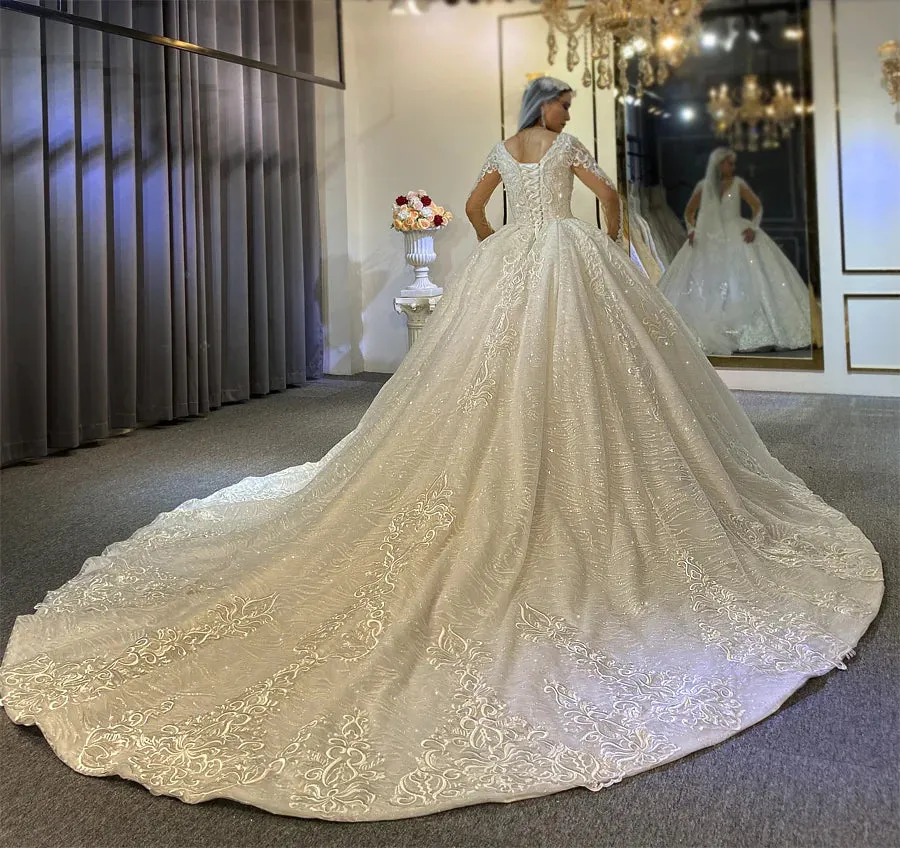 AM622 Long Sleeve Glitter Ball Gown Custom Wedding Dress