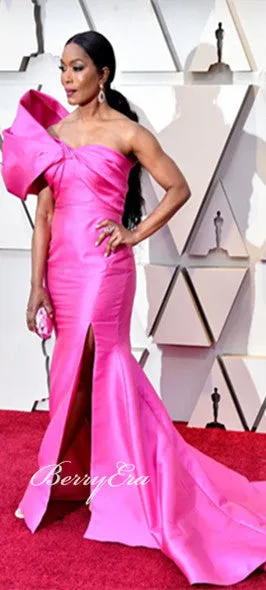 Angela Bassett Oscar Carpet Hop Pink Satin Prom Dresses, Newest Celebrity Dresses