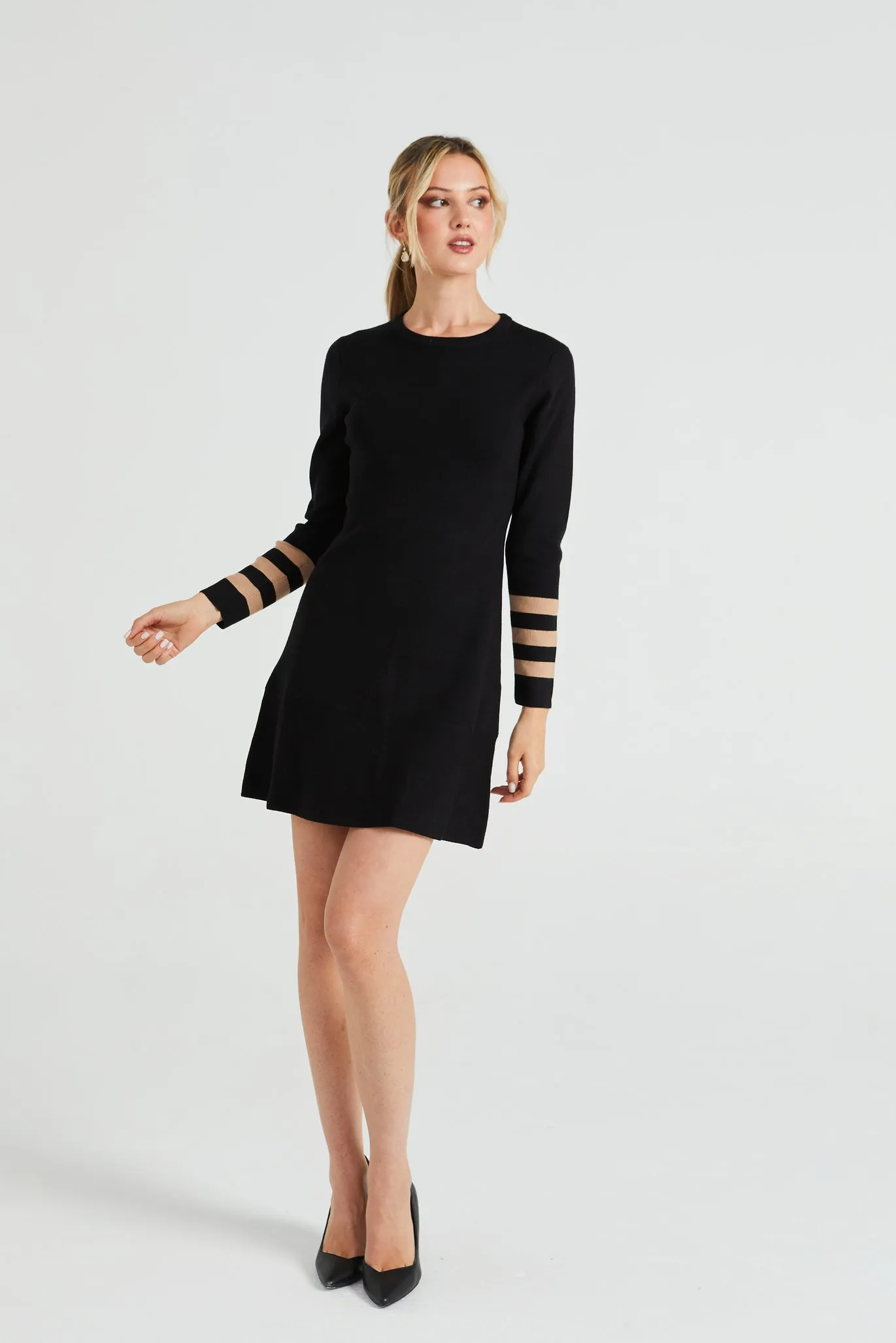 Angeleye Knitted Midi Dress In Black With Nude Stipe Sleeve