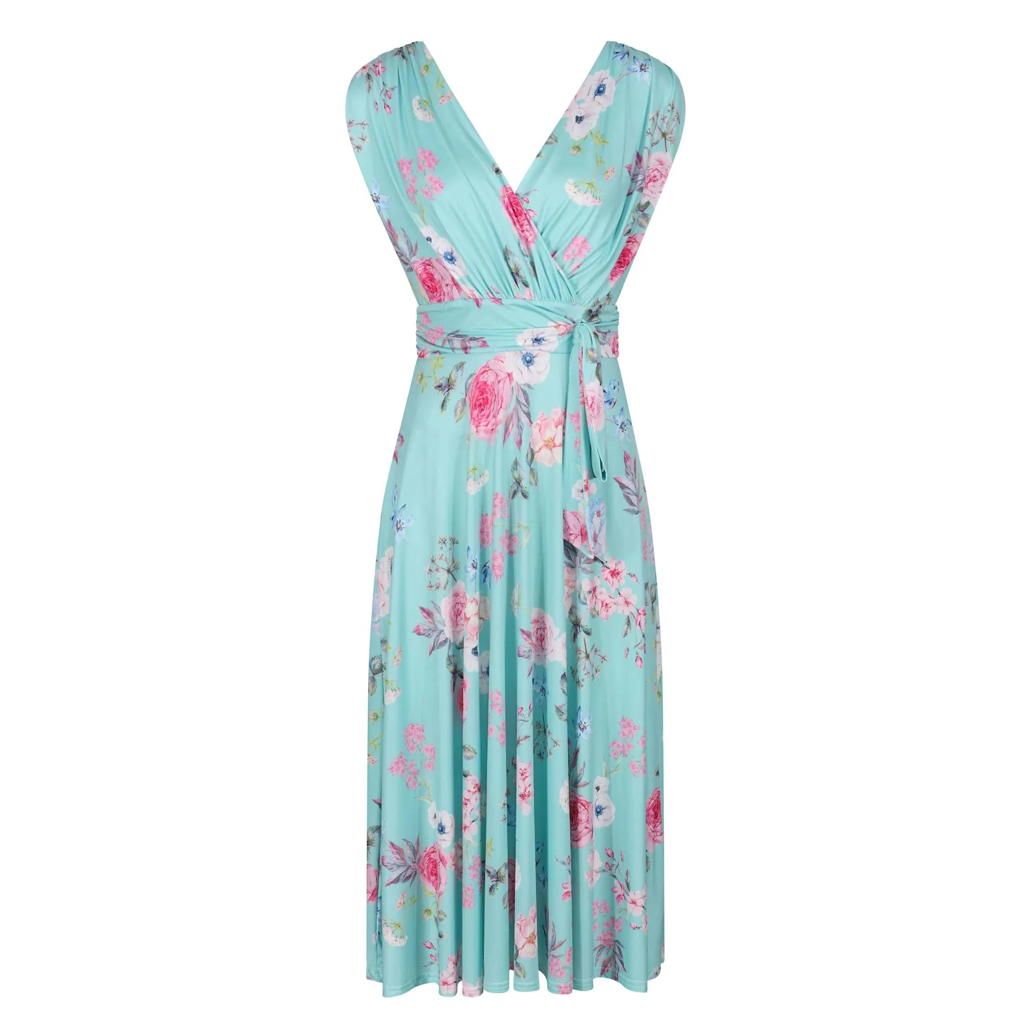 Aqua Mint Floral Print V Neck Crossover Top Empire Waist Swing Dress