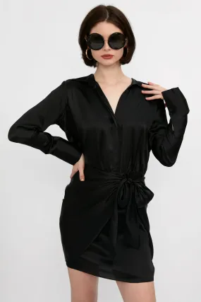 Atlas Silk Satin Wrap Effect Dress in Black