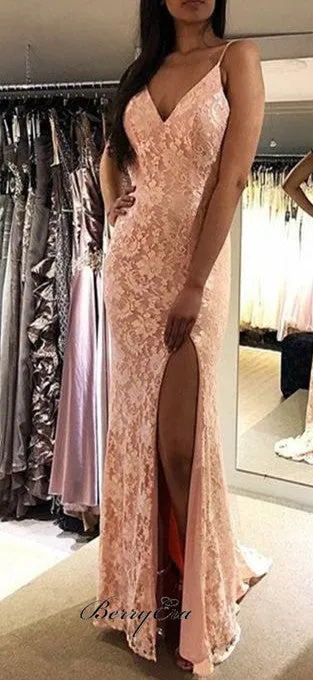 Backless Long Mermaid Side Slit Pink Lace Prom Dresses, Popular Prom Dresses