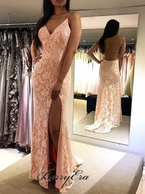 Backless Long Mermaid Side Slit Pink Lace Prom Dresses, Popular Prom Dresses