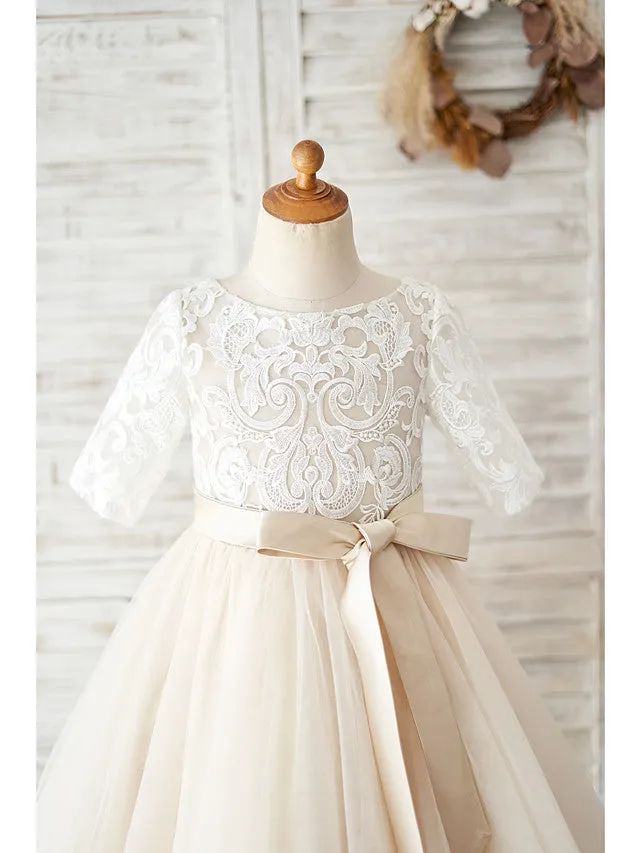 Ball Gown Lace Tulle Half Sleeve Jewel Neck Wedding Birthday Flower Girl Dresses