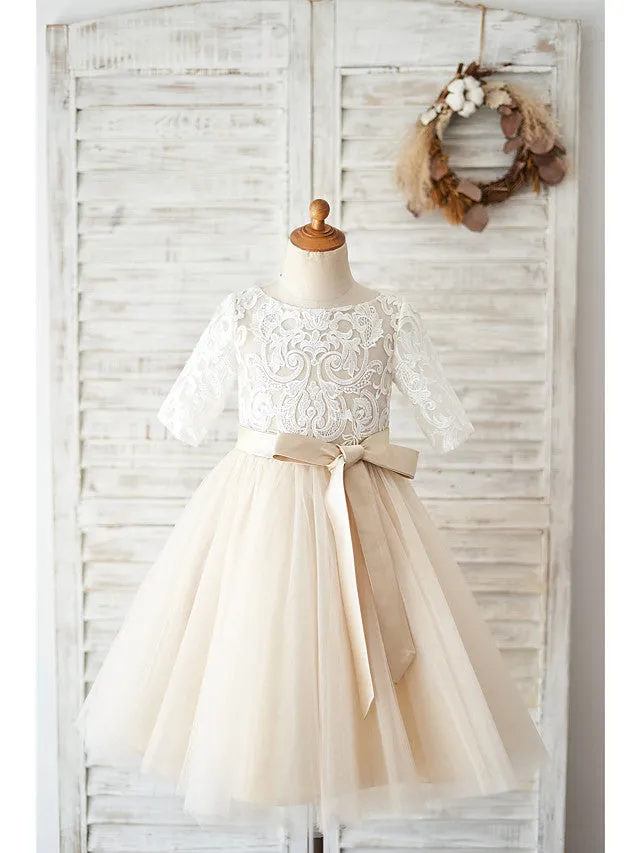 Ball Gown Lace Tulle Half Sleeve Jewel Neck Wedding Birthday Flower Girl Dresses