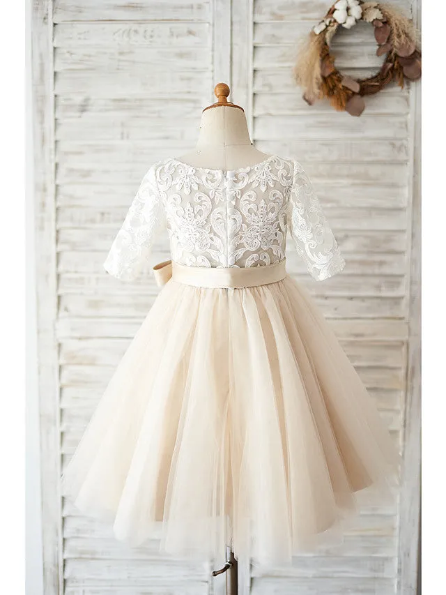 Ball Gown Lace Tulle Half Sleeve Jewel Neck Wedding Birthday Flower Girl Dresses