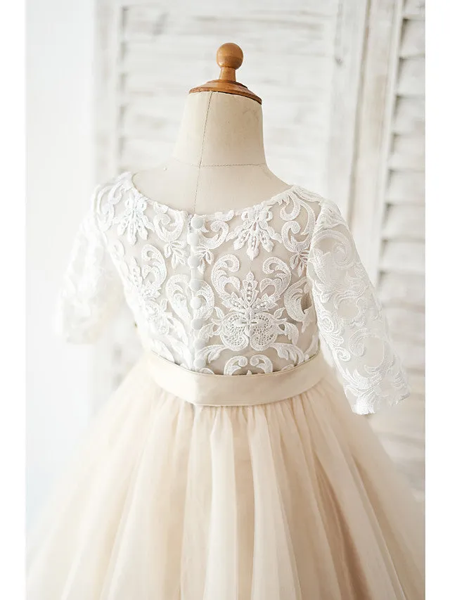 Ball Gown Lace Tulle Half Sleeve Jewel Neck Wedding Birthday Flower Girl Dresses